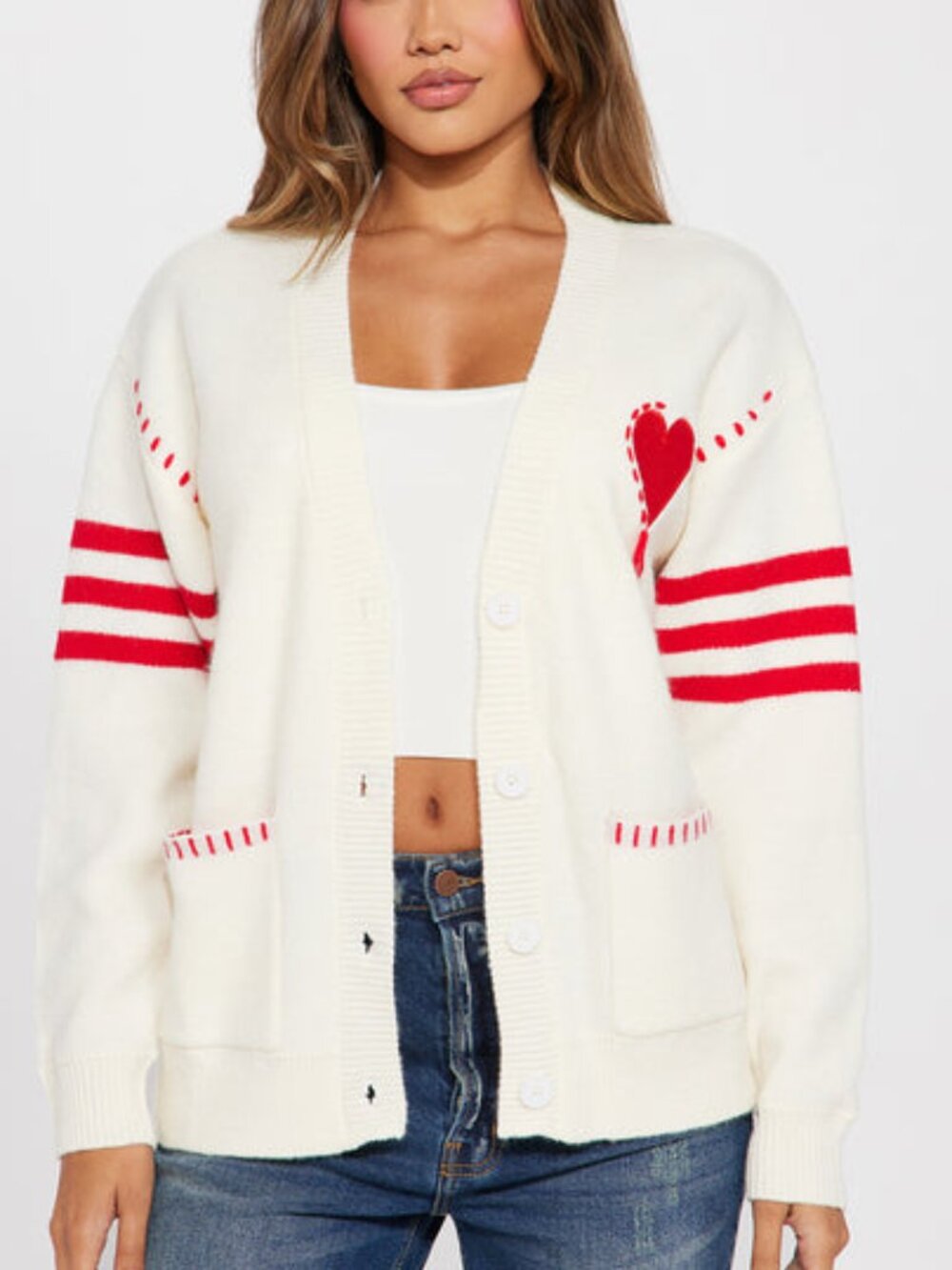 Fashionova | Cream Heart Stitch Oversized Button Cardigan Sweater Large